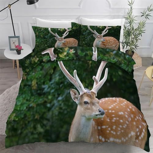 Bettwäsche 140x200 Hirsch Bettwäsche Set 3D Bettbezug Set Weich Microfaser Bettbezüge 3 Teilig Niedliche Tiere 3D-Druck Bettwäsche-Sets für Einzelbett mit 2 Kissenbezug b.2673