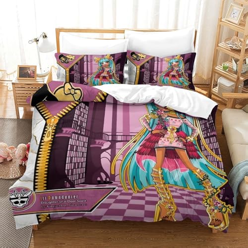 AYZOFCNDK Monster High Bettbezug Set 3D Gedruckter Animierte Charaktere Mädchen Junge Kinder Bettwäschegarnitur Bettwäsche Und Kissenbezüge Reissverschluss Weich Microfaser 3 Teilig Single?140x200cm?