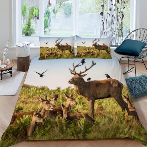 Hirsch Bettwäsche 135x200 Graslandtiere Bettwäsche-Sets für Mädchen Jungen Kinder Weiche Mikrofaser 3D Drucken Bettbezug mit Reißveschluss und 2 Kissenbezüge 807.B