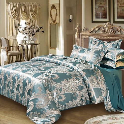 Bettwäsche Satin 135x200cm Grün Türkis Glänzend Microfaser 100% Weiche Jacquard Stickerei Wendebettwäsche Bettbezug 135x200 Romantisch Blumen Muster Luxuriös Modern Bettwaesche Set mit Reißverschluss