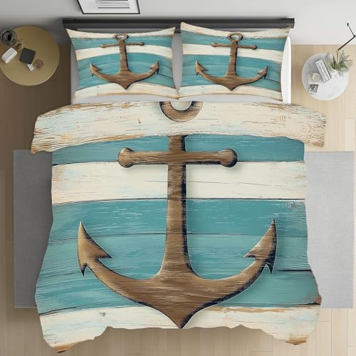 Dpvbffx Nautisch Ozean Bettwäsche Sets, Weich Kuschel 3 Teiliges, Streifen Anker Bettbezug Mikrofaser, Abenteuer Thema Bettbezüge Mit Reissverschluss 135x200 cm, 2 Kissenbezüge 80x80 cm