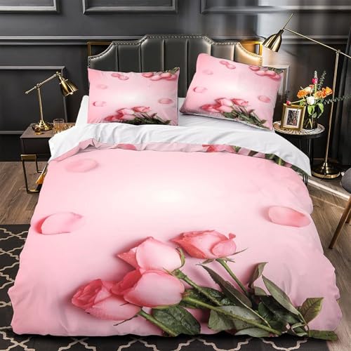 VOXYTMLWG Pink Roses 3D-gedrucktes Bettwäsche 3 Stück mit Reißverschluss Soft Blütenmuster Bettbezug Bequem Schlafkomfort for Erwachsene,Kinder,Männer ,Fans Double?200x200cm?