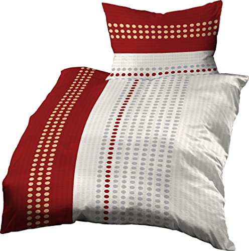 Gerald Wittmann Bettwäsche 140x200 cm + 70x90 cm, Baumwolle Seersucker, Gepunktet Streifen Rot Gelb Weiß