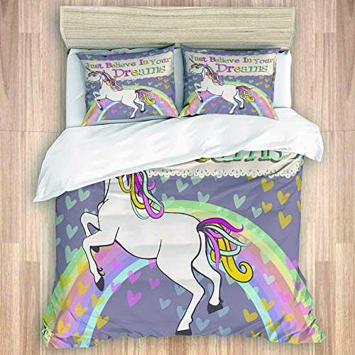 VAMIX Set Lindo Unicornio Solo cree en tu sueño dekoratives Bettbezug 135 * 200cm mit 2 Kissenbezügen 50 x 80