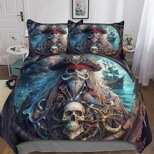 HHXXXHH Pirat Bettwäsche 3teilig Bettbezüge Bettgarnitur Microfaser Für Jungen Mädchen Komfort Bettbezug Mit Kopfkissenbezug Double (200x200cm)