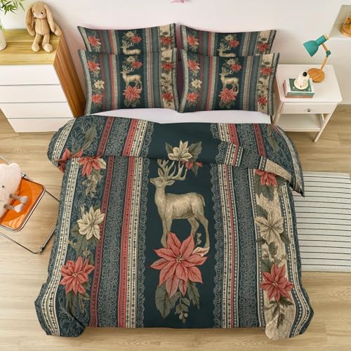 Bettwäsche Set Retro Elegant Floral Tier Hirsch für Mädchen Jungen, Mehrfarbig 3teilig Bettwäsche: 1 Wendemotiv Microfaser Bettbezug 200 x 200 cm und 2 Kissenbezug mit Reißverschluss