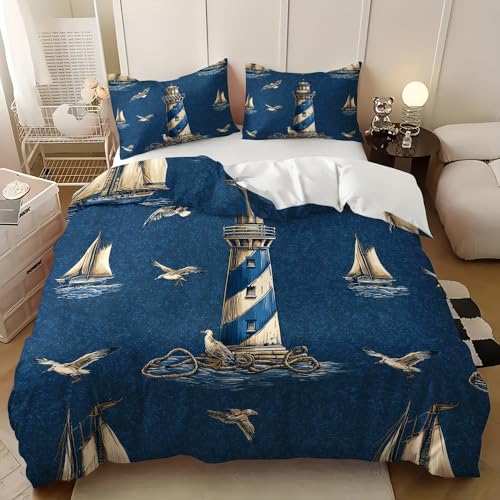 Bettwäsche 155x220 cm Meer Leuchtturm Segelboot Bettwäsche Sets 100% Mikrofaser Bettbezug, Bügelfrei&Knitterfrei Maschinenwaschbar Blau Wendebettwäsche, mit Kissenbezug 80x80