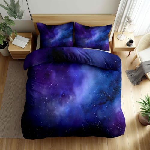 Quixora Bettbezug Doppelbett 240 x 220 cm Blau-violetter Sternenhimmel Nachtszene Galaxie Wendebettwäsche Bettwäsche Set mit Reißverschluss 3 Teilig Weiche Aquarellstil Steppdeckenbezug+ Kissenbezüge