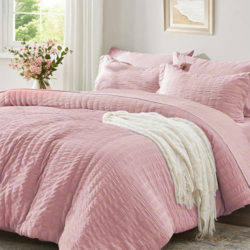 Luofanfei Seersucker Bettwäsche 135x200 Rosa Pink Sommer Uni Wende Gestreifte Sommer Bettwäsche Microfaser Atmungsaktiv Leicht Geometrisches Muster Bettbezug Einzelbett und Kissenbezug 80x80 cm