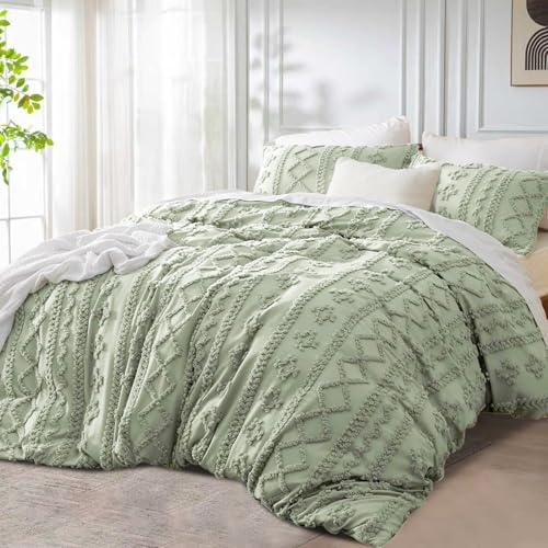 DXHOME Grün Bettwäsche 135x200cm Boho Getuftet Stickerei Unifarben Bohemian Style Geometrisch Shabby Bettbezug mit Reißverschluss + 1 Kissenbezug 80x80 cm