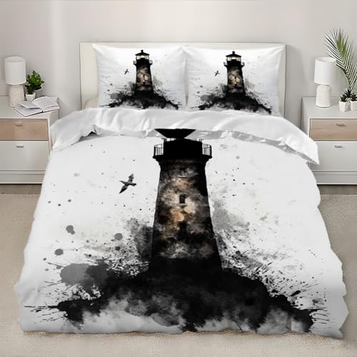 Bettwäsche-Sets 135x200 cm Schwarzes Leuchtturm-Graffiti Bettbezug Mikrofaser mit Reißverschluss, Weich Leicht zu reinigen Bettwäsche WeißEs Aquarell 3teilig für Kinder Teenager Erwachsene