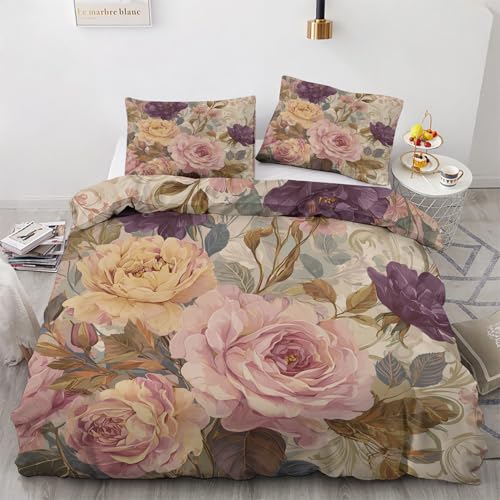 Vintage Stieg Bettwäsche 3 Teilig 220x240cm, Elegant Rose 3D Bettbezug mit Reißverschluss, Knitterfrei & Bügelfrei, Romantisch Blume Bettwäsche Weich Mikrofaser mit 2 Kissenbezug 80x80 cm