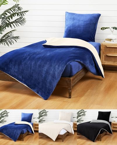 JACK Teddy Flausch 135x200cm Wende Bettwäsche Uni Plüsch Cashmere Touch Weiß Creme Blau Schwarz Grau Warm, Farbe:Blau/Creme