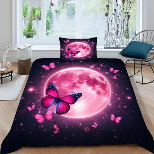 SHEVOVER Pink Mond Schmetterling Bettwäsche-Set 2 teilig 3D Effekt Schöne Insekten Druck Weich Microfaser Bettbezug Mit Reißverschluss Kissenbezug Für Kinder Teens Erwachsene Single?135x200cm?