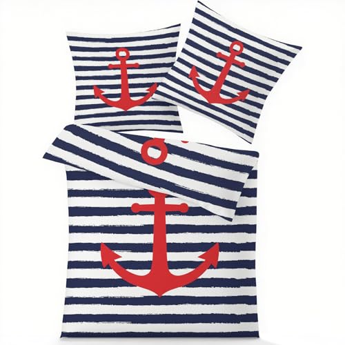 GEDAEUBA Maritim Anker Bettwäsche 135x200 - Blau Weiß Gestreift Bettbezug, Wendebettwäsche und Kissenbezug 80x80, Weiche & Angenehme Mikrofaser Bettwäsche-Sets mit Reißverschluss