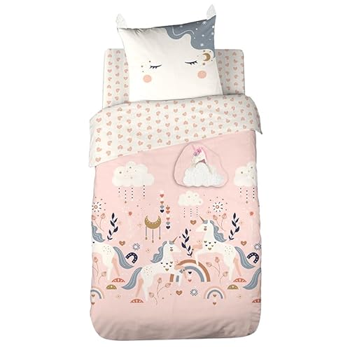 CÔTE DECO Bedruckte Bettwäsche 140 x 200 cm für Kinder, Bettbezug 140 x 200 cm + 1 Kissenbezug 63 x 63 cm, Motiv Einhorn, Herz, Rosa, mit Kuscheltasche, Bettbezug aus Mikrofaser