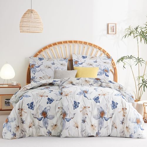 Wajade Bettwäsche 135x200 4teilig Bettbezug - Bettwäsche-Sets 135 x 200 cm 2er Set Blumen Blau Muster mit 2 Kissenbezüge 80x80cm Polyester Mikrofaser Bedding 2er Set mit Reißverschluss