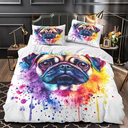 Bettwäsche-Set mit Mops-Motiv, 3D-Muster, 3-teilig, Mikrofaser, leicht, atmungsaktiv, lebendiges Aquarell-Design, 2 Kissenbezüge, versteckter Reißverschluss, Mädchenzimmer, Einzelbett (140 x 200 cm)