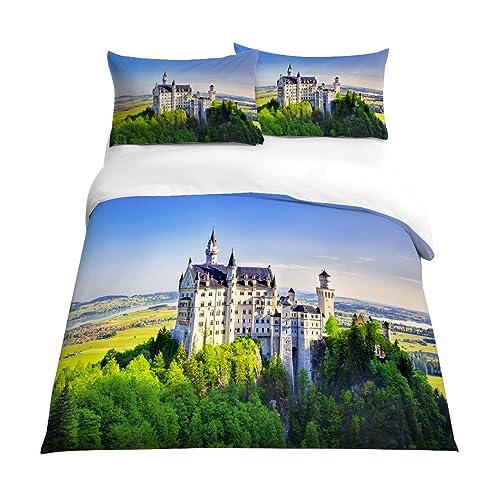 EXSANLIEAY Bettwäsche 155x220 Schloss Bettbezug Weich Mikrofaser Die Architektur Bettwäsche-Sets mit Reißverschluss und 2 Kissenbezüge 80x80 für Jungen und Mädchen