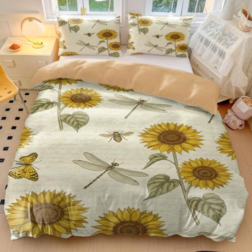 Vintage-Sonnenblumen-Bett bezug, Bauernhaus-Bienen-Druck, Bettwäsche-Set mit Kissenbezügen, Landhaus-Stil, Bettbezug, gelbe warme Farbe, Bettwäsche für Doppelbett (05, Einzelbett 135 x 200 cm + 65 x 65 Vintage-Sonnenblumen-Bett bezug, Bauernhaus-Bienen-Druck, Bettwäsche-Set mit Kissenbezügen, Landhaus-Stil, Bettbezug, gelbe warme Farbe, Bettwäsche für Doppelbett (05, Einzelbett 135 x 200 cm + 65 x 65