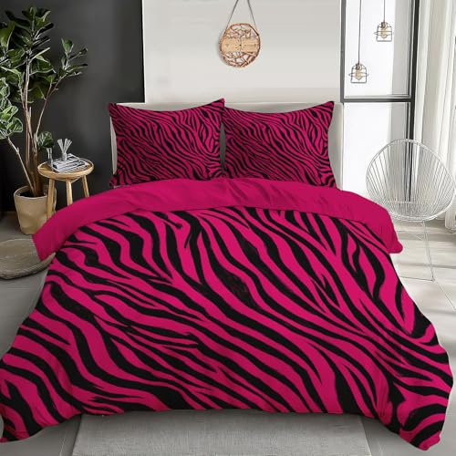 JSCWDET Bettwäsche 135×200Cm, 2Teilig Bettwäsche Set, Leuchtendes Pink Bettbezug Mit Zebramuster,Mikrofaser Mit Reißverschluss, Kissenbezüge 80X80 cm