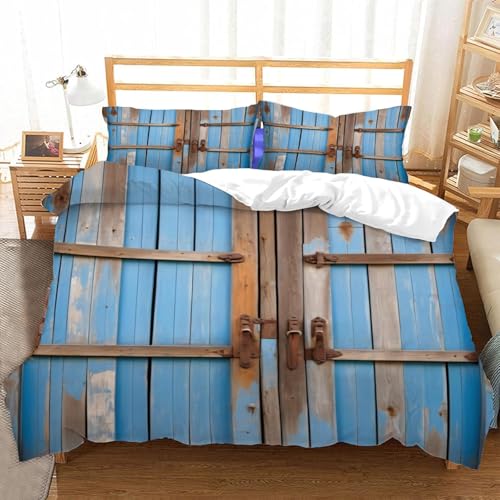 Bettwäsche 200x220 Vintage Scheunentor Bettwäsche-Sets Landhausstil Bettbezug Kuschelig Weich Mikrofaser 3D Druck Bettbezüge mit Reißverschluss + 2 Kissenbezüge 80x80 cm D-4472