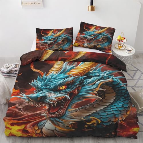 Generisch Chinesischer Drache Bettwäsche 155x220 Orientalisch Japanisch Motiv Bettbezug Weich Bügelfrei Wendebettwäsche Bettwäsche-Set 3 Teilig Deckenbezug mit Reißverschluss 2 Kissenbezug