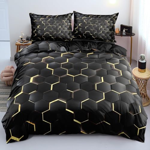 Luowei 3D Bettwäsche 155x220cm 4Teilig Schwarz Gold Waben Gitter Bettwäsche Set Mode Geometrie Hexagon Mikrofaser Bettbezug mit Reißverschluss und Kissenbezüge 80x80cm