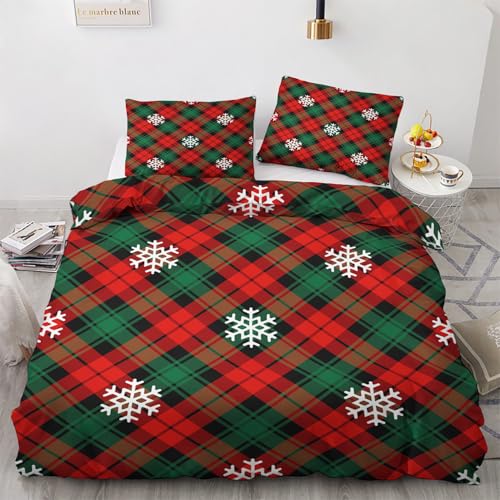 Weihnachten Deko - Winter Bettwäsche 155x220 Weihnachten, Rot Grün Kariert Bettbezug 3teilig mit 2 Kissenbezug 80x80, Weiche Mikrofaser Winterbettwäsche mit Reißverschluss E*&250