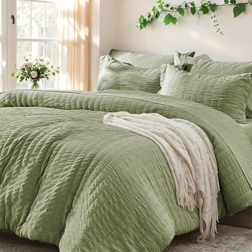 Luofanfei Seersucker Bettwäsche 155x220 Grün Salbeigrün Gestreift Sommer Unifarben Wende Bettwäsche Set Microfaser Atmungsaktiv Leicht Bettbezug Einzelbett und Kissenbezüge 80x80 mit Reissverschluss