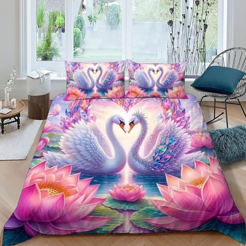 HOGDISAJD Pink Schwan Flower Bettwäsche Feder Rosa Serie 3D Gedruckt Bettdeckenbezug Mit 2 Kopfkissenbezüge LuxusBettwäsche Sets 3teilig Für Jungen Und Mädchen Double?200x200cm?