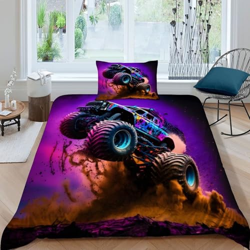 SHEVOVER Pink Purple Truck Bettwäsche-Sets 2 teilig 3D Effekt Extreme Sports Druck Weich Microfaser KinderBettwäsche Set Mit Kopfkissenbezug Für Kinder Teens Erwachsene Single?135x200cm?