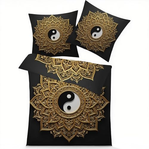 GEDAEUBA Yin Yang Bettwäsche 155x220 - Golden Mandala Bettbezug, Wendebettwäsche und Kissenbezug 80x80, Weiche & Angenehme Mikrofaser Bettwäsche-Sets mit Reißverschluss