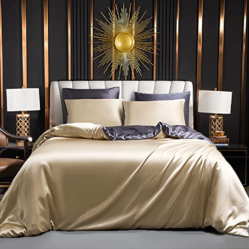 Luofanfei Satin Bettwäsche 135x200cm 4teilig Braun Gold Glänzend Seide Glatt Wende Bettwäsche Glanzsatin Luxus Uni Golden Graue Muster Bettbezüge Set mit Reissverschluss und Kissenbezüge 80x80 cm