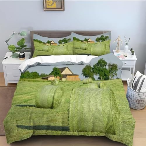 Landhausstil Bettwäsche 200x200 3D Bettwäsche-Sets Grüne Landschaft Bettbezüge Weiche Kuschelig Mikrofaser 3 Teilig Bettbezug mit Reißverschluss und 2 Kissenbezüge 80x80 cm C-2837