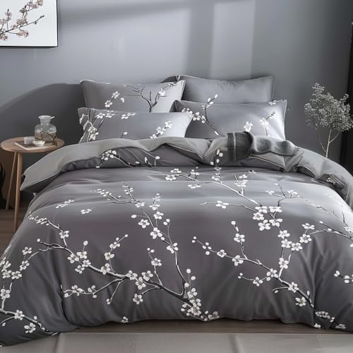 Boqingzhu 3D Bettwäsche 135x200cm Blumen Zweige Muster Grau Weiß Aesthetic Vintage Wende Bettwäsche Set Floral Blümchen Blüten Bettbezug und Kissenbezug 80x80cm mit Reißverschluss