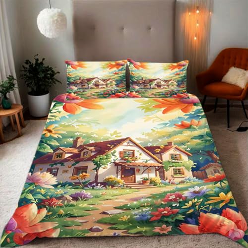 Zbeiba Bettwäsche 135x200 Romantisches Landhaus im CartoonMuster 3D Drucke geeignet für Teenager Kinder Bettwäsche-Set Mikrofaser Bettbezug Mit Reißverschluss Und 2 Kissenbezug (135x200+2 * 80x80,#4