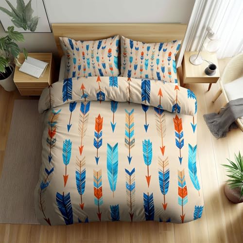 Srigzcaly Bettwäsche 135 x 200 cm Boho Federn Pfeil Wende Bettwäsche für Allergiker, Aesthetic Creme Bettwäsche Set Weiche kuschelige Fleece Bettbezug mit Reißverschluss und 2 Kissenbezug 80x80 cm