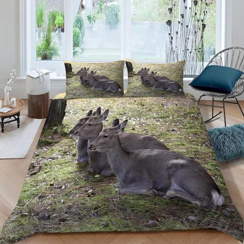 Sika-Hirsch Bettwäsche 140x200 Wald Hirsch Bettwäsche Set, 3D Bettbezug Set Weich Microfaser Bettbezüge 3 Teilig Tiere Wendebettwäsche für Kinder Erwachsene mit 2 Kissenbezüge k122