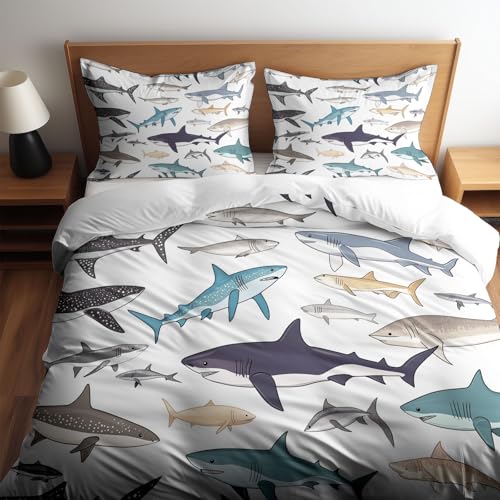 Bettwäsche Weiß Bettbezüge Einfacher Cartoon Fisch Muster, Bettwäsche-Sets 135 x 200 cm Reißverschluss Weich und Bügelfrei Wende bettwäsche geeignet Schlaf Zimmer