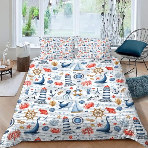 MOXINO 3D Maritime Bettwäsche 135x200 cm 2teilig Leuchtturm Delfine Bettwäsche für Kinder Leicht Mikrofaser Bettbezug Sommer Weiche Bettbezüge mit Kissenbezüge 50x75?Muster 138-8?