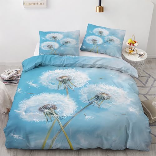 Traulpex Löwenzahn Himmel Bettwäsche 135x200cm 3 teilig, Pusteblume Pflanzen Bettbezug mit Reißverschluss, Weich & Bügelfrei, Pflanzenmuster Bettwäsche Set Microfaser mit 2 Kissenbezug 80x80 cm