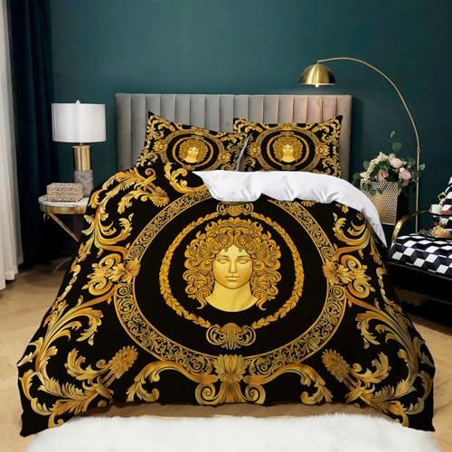 Gold Bettbezug Barocker Medusenkopf Bedruckter Bettbezug Für Paar Teen Weiche Tagesdeck 135 x 200 cm Bettwäsche-Set mit 2 Kissenbezug 80 x 80 cm
