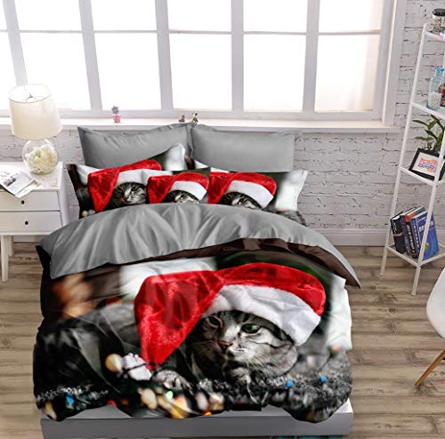 FEBE 3D Bettwäsche Katze Weihnachten Bettbezug 135x200 + 80x80 cm Weihnachtsmütze Doppelseitige Rot Weiß mit Verschluss
