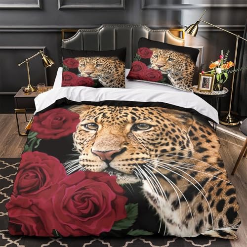 VOXYTMLWG Leopard Walking Pflegeleicht 3D-Gedruckter Bettwäsche-Set dreiteiliger Wild Animal Bettdeckenbezug Zip Verschluss Atmungsaktiv for Jungen,Teen Jungen,Frauen,Teenager Single?135x200cm?