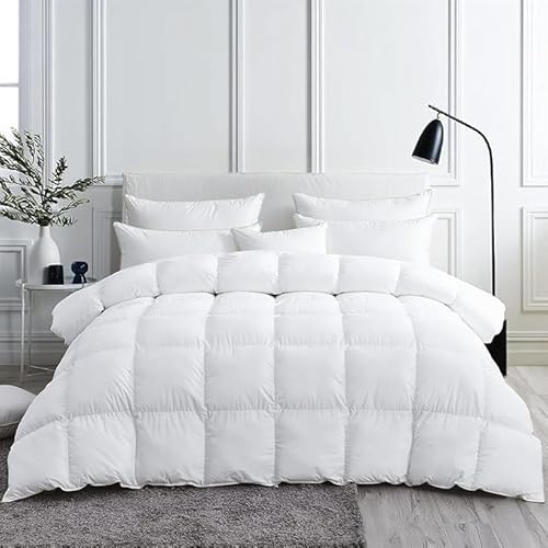 Luxuriöse weiße Decke mit Gänsefedern, mittelschwer, Übergröße, Queen-Size-Größe, Daunendecke für alle Jahreszeiten, Bettdeckenbezug, Bezug aus 100 % ägyptischer Baumwolle, 1,8 l Füllgewicht