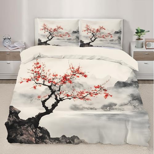 Kirschblüten-Bettwäsche -Set, elegant, orientalisch, weiche Mikrofaser, mit Kissenbezügen und Reißverschlüssen