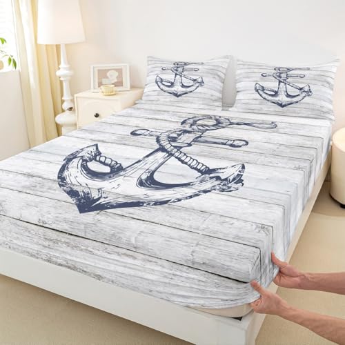 Nautischer Anker montierte Bettwäsche L Größe,Erkundung Thema Bettwäsche Sets für Kinder Zimmer Dekor,Ocean Abenteuer Bedding Retro Stil Tiefe Tasche,1 Kissenbezug