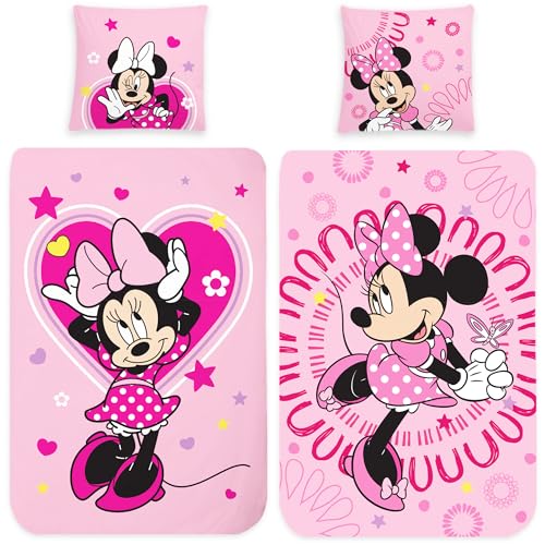 Minnie Mouse Flanell Kinder Wende-Bettwäsche Sweet Pink 135 x 200 + 80 x 80 cm 100% Baumwolle Biber-Flanell-Qualität Minnie Maus Disney Mickey Maus Rosa Love mit Reißverschluss Deutsche Größe