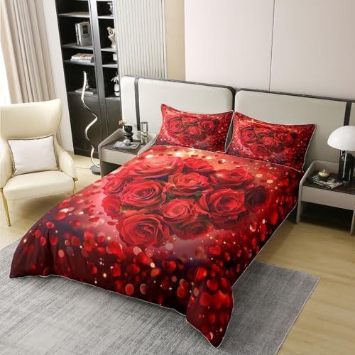 Manfei Rote Rose Blume 100% Baumwolle Bettbezug M Größe,Romantisches rotes Blumenherz Bettwäsche Sets Kinder Teens Erwachsene Zimmer Dekor,Valentinstag Quilt Abdeckung, 1 Kissenhülle